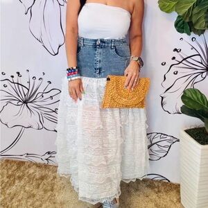 Boho Lace Maxi Skirt with Denim stretch with Waistband